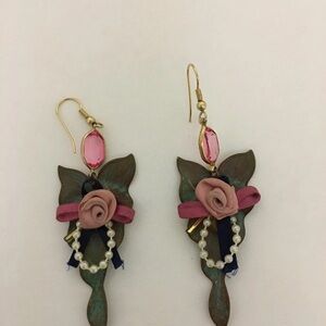 Pink Rose & Pearl Drop Earrings with Gold Hooks